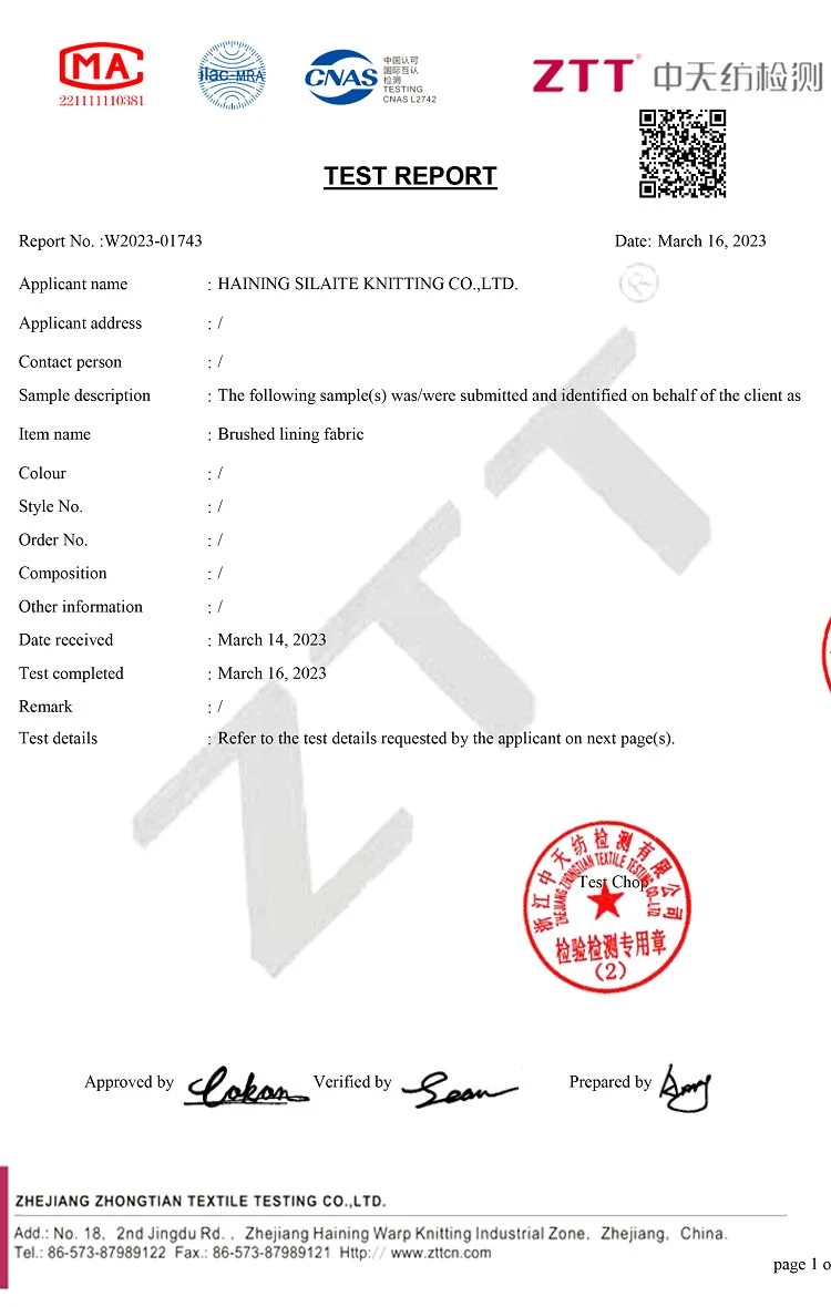 Certificate of Warp-Knit nylon elastic fabric001 Certificate of Warp-Knit nylon elastic fabric001